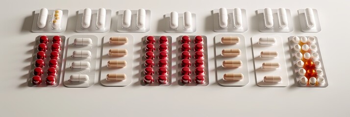 Poster - A close-up image showcasing an assortment of pills neatly arranged in blister packs on a white background. Generative AI