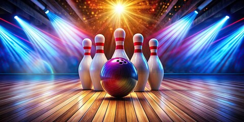 Wall Mural - Close-up of a bowling strike under vibrant lights with a deep wood floor background, bowling, strike