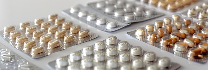 Aufkleber - A close-up photograph of various pills packaged in blister packs, arranged neatly on a white surface. Generative AI