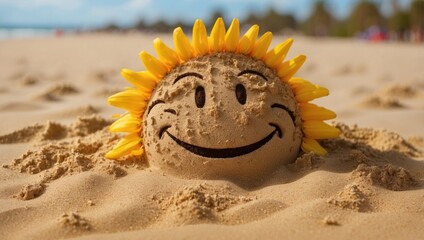 Wall Mural - Summer beach smiling sun happy smiley face drawing drawn in sand with accessories holiday vacation photo.