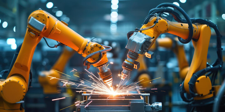 Team of robot arms performing spot welding on assembly line