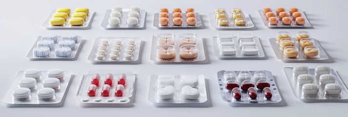 Poster - A close-up shot of several blister packs containing assorted pills, showcasing their different colors, shapes, and sizes. Generative AI