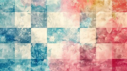 Wall Mural - The image is a watercolor painting of a colorful checkered pattern. The colors are light blue, dark blue, yellow, orange, and pink. The painting has a soft, dreamy feel to it.