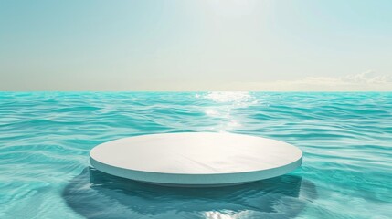Wall Mural - White circular platform floating on clear blue water with sunlit waves Nature backdrop for product display Cosmetic mockup with room for text