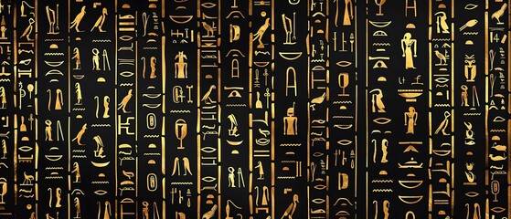 Wall Mural - Ancient golden egyptian hieroglyphs alphabet pattern over black background. Ancient Egyptian and ancient culture concept - Generative AI