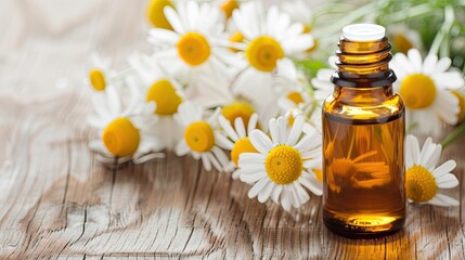 A glass bottle of chamomile essential oil with a dropper sits on a white wooden surface, surrounded by chamomile flowers