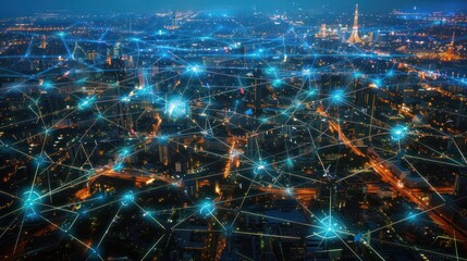 Wall Mural - A vivid depiction of a smart city network, illustrating interconnected data points and a bustling urban skyline at night in urban background