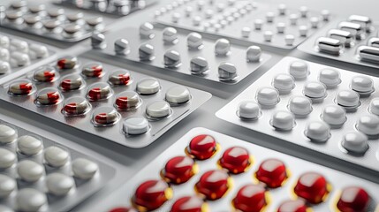 Poster - A detailed view of various pharmaceutical pills arranged in blister packs, creating a professional and organized display. Generative AI