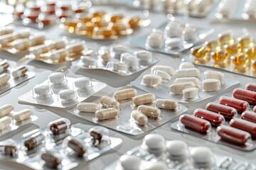 Poster - A detailed shot of different pills in blister packs, arranged neatly on a white surface. Generative AI
