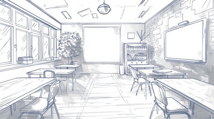 Wall Mural - simple line drawing of a school classroom with essential furniture, illustrating the back-to-school concept in a minimalist style