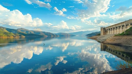 Wall Mural - Panoramic view of a dam and its reservoir with mountains in the background, reflecting in the calm water