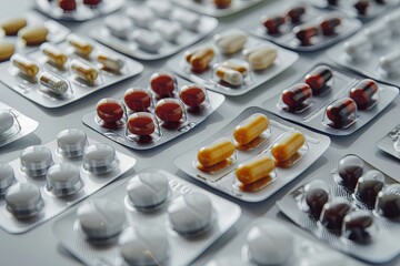 Poster - A close-up shot of various pills arranged in blister packs on a white surface. Generative AI