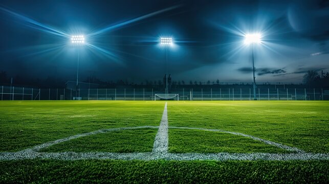 A low angle view of an illuminated empty sports stadium at night, focusing on the lush green turf.