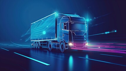 Blue glowing Trailer Truck rides through Blue tunnel 3d rendering