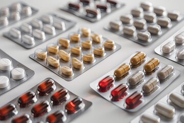Poster - Close-up photo of various pills in blister packs, highlighting packaging and contents. Image emphasizes medication details and organization. Generative AI
