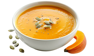 Delicious Pumpkin Soup in White Bowl with Pumpkin Seeds Perfect Autumn Meal Concept