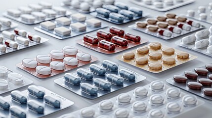 Aufkleber - A close-up shot of various pills arranged in blister packs on a white surface, showcasing a professional and organized look. Generative AI