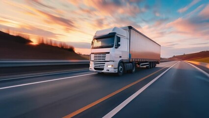 Wall Mural - white cargo truck driving on highway at sunset. freight transportation