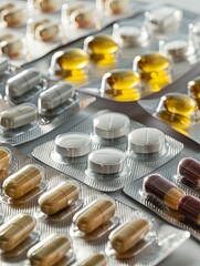 Poster - A detailed view of various pills in their blister packaging, showcasing different shapes, colors, and sizes. Generative AI