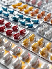 Poster - A close-up image showcasing rows of blister packs filled with different colored pills, arranged neatly on a white surface. Generative AI