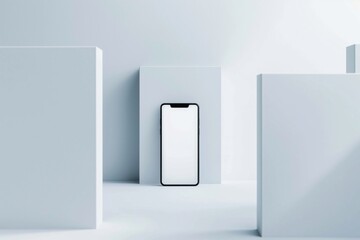 Poster - Sleek smartphone with a blank screen stands among white cubes on a light background, offering space for customization
