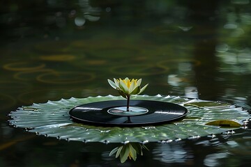 Wall Mural - A fusion of a lily pad with a vinyl record, naturea??s music spinning on watera??s surface