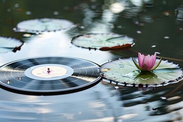 Wall Mural - A fusion of a lily pad with a vinyl record, naturea??s music spinning on watera??s surface