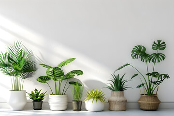 Minimalist arrangement of houseplants in various pots against a white wall with natural light and copy space, ideal for modern decor and interior design inspiration.
