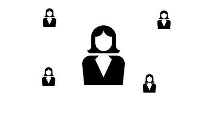 Poster - Zoom in and out animation the business woman symbol. Large black symbol in the center and four small symbols around. Seamless looped 4k animation on white background
