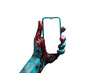 © C.Castilla - Mano zombie sosteniendo un teléfono móvil moderno.Maqueta de teléfono celular con pantalla blanca sobre fondo transparente.