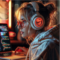 young female programmer coding at night with illuminated headphones