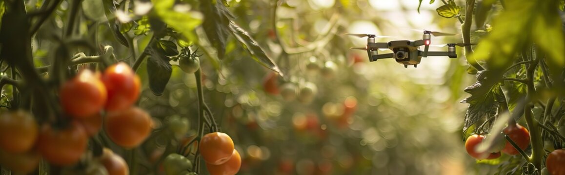Mini drone flying in a greenhouse with tomato crop. AI generated illustration