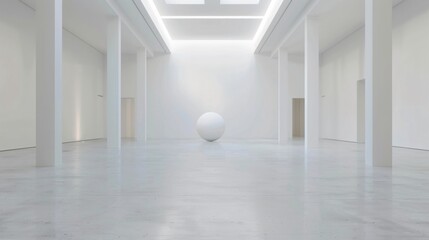 A minimalist art installation with a single piece of abstract sculpture in a vast, empty gallery space