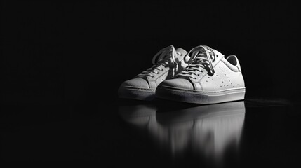 A pair of clean, white sneakers against a stark black background, highlighting their simplicity