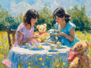 Canvas Print - Two girls are sitting at a table with teddy bears and cups. They are having tea and enjoying each other's company