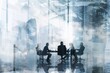 © SKIMP Art - A group of business people sitting around an office table, in a modern building in the background, with a style of double exposure photography Generative AI