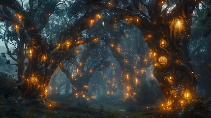 A forest with tall, ancient trees covered in glowing runes.