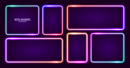 Wall Mural - glowing neon banners, illuminated colorful square frames. shiny vibrant border, glow effect. violet 