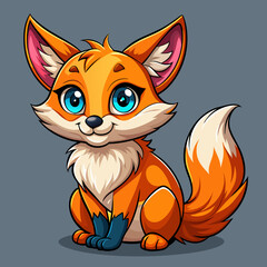 Wall Mural - A cute orange fox with large ears and bright blue eyes sitting on a gray background