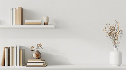 Wall Mural - A minimalistic bookshelf with a few carefully arranged books and a single decorative item