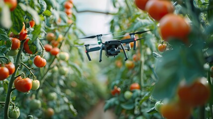 Wall Mural - Mini drone flying in a greenhouse with tomato crop. AI generated illustration
