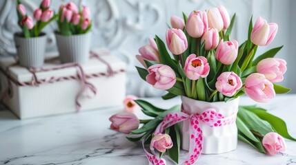 Wall Mural - Mother s Day Greetings with Pink Tulips on White Table