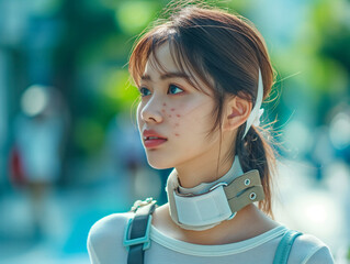 Canvas Print - A woman wearing a white shirt and a white bandage around her neck. She has a bandage around her neck and is looking at the camera