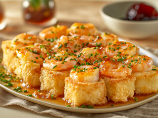 Wall Mural - A plate of shrimp and scallops with a sauce on top. The dish is arranged in a way that makes it look appetizing and inviting