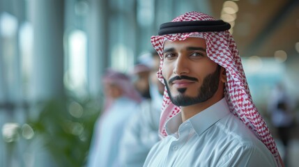 Arab Business Partners in Traditional Attire: Side View Portrait at Office