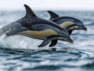 Two dolphins are swimming in the ocean, one of which is leaping out of the water. The scene is dynamic and full of energy, with the dolphins appearing to be in motion