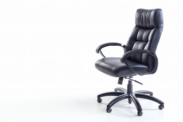 Black, modern office chair with ergonomic design, isolated on a pure white backdrop, depicts comfort and style