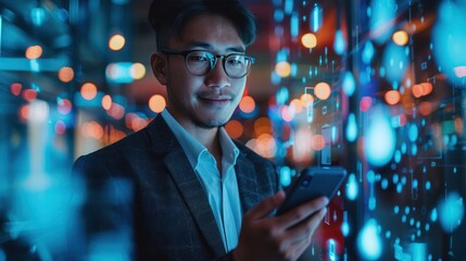 Wall Mural - Smartphone-Wielding Businessman Amid Holographic Office Backdrop: A Modern Take on Business Communication and Technology