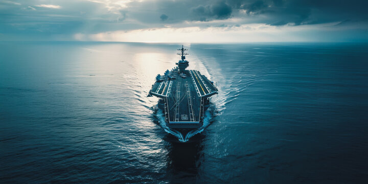 Military aircraft carrier sailing on the open sea at sunset