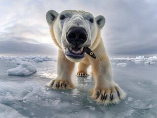 Sticker - A polar bear is standing on ice with its mouth open. The bear is looking at the camera and he is smiling